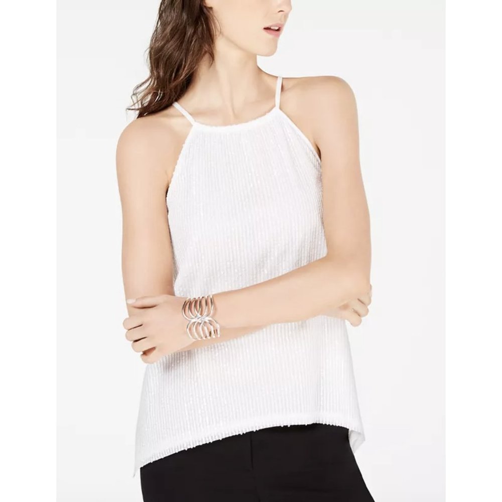 INC Womens Sequin Spaghetti Strap Jewel Neck Trapeze Party Top White M